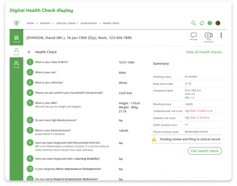 Evergreen Life Connect NHS Health Check Screen