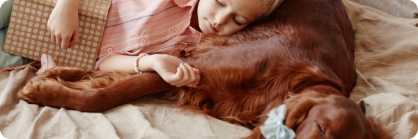 Little girl asleep on a dog to illustrate the fact that pets might be good for your gut microbiome.