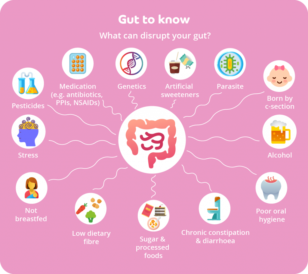 an infographic titled Gut to Know with a subheading What can disrupt your gut? against a pink background. A central icon of intestines surrounded by icons representing key gut disruptors. They are: Medication (e.g. antibiotics, PPIs and NSAIDs), Genetics, Artificial sweeteners, Parasite, Born by c-section, Alcohol, Poor oral hygiene, Chronic constipation and diarrhoea, Sugar and processed foods, Low dietary fibre, Not breastfed, Stress, and Pesticides.