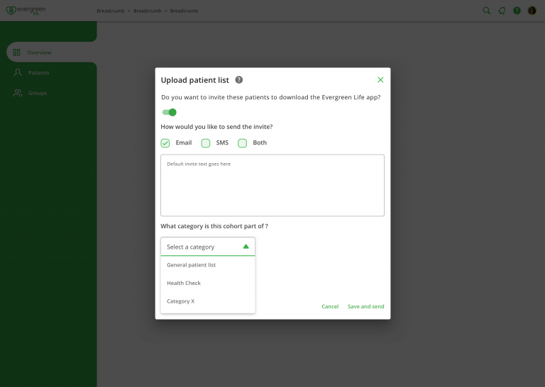 Evergreen Life Connect Patient Upload/Invite Screen