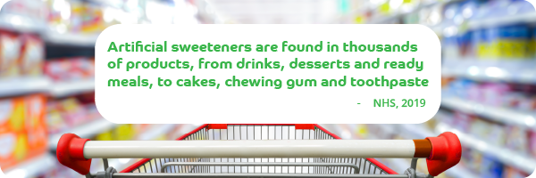 A shopping trolley with supermarket shelves in the background with a speech bubble containing a quote in green writing from the NHS in 2019 outlining examples of the thousands of products that contain artificial sweeteners, which can affect the gut microbiome. 