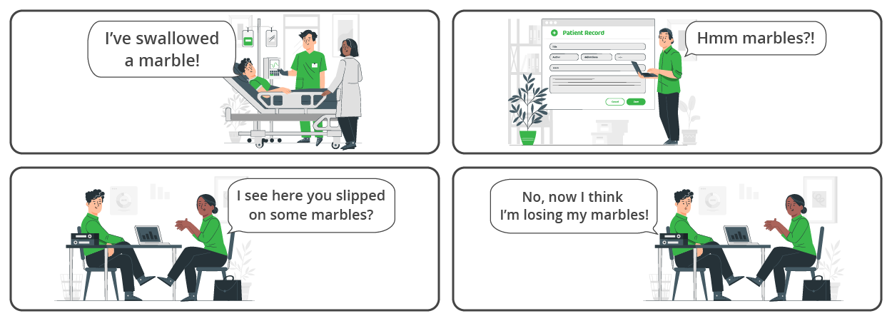 A comic book style set of four illustrations showing a patient in a hospital bed telling two doctors that he thinks he's swallowed a marble. Second illustration shows a doctor entering information into the patient's medical record with a speech bubble saying, 'Hmm marbles?!' Third illustration is the patient in a doctor's office with the doctor saying 'I see here you slipped on some marbles' in a speech bubble. Fourth illustration is the patient in the doctor's office saying 'No, now I think I'm losing my marbles!' in a speech bubble to illustrate miscommunication within the NHS.  