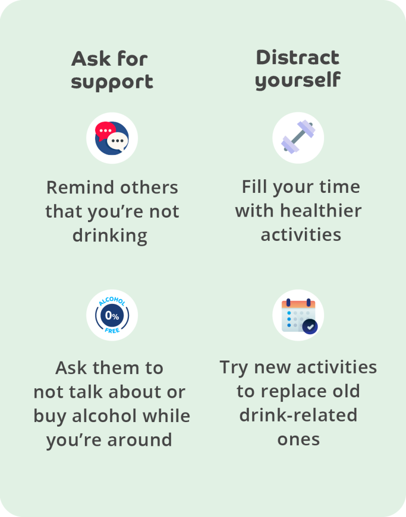 Tips for staying off alcohol infographic including ask for support and distract yourself.