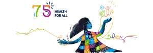 The World Health Organizations official World Health Day 2023 banner iage with an illustration of a woman wearing a multi-coloured dress and the multi-colored figure '75' in the top left corner next to the words ' Health for All'