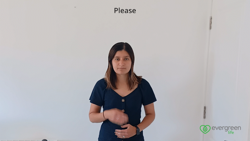 A GIF of Jayna Shepherd, Content Writer at Evergreen Life signing the British Sign Language sign for 'please' and 'thank you'. The Evergreen Life logo is in the bottom right hand corner.