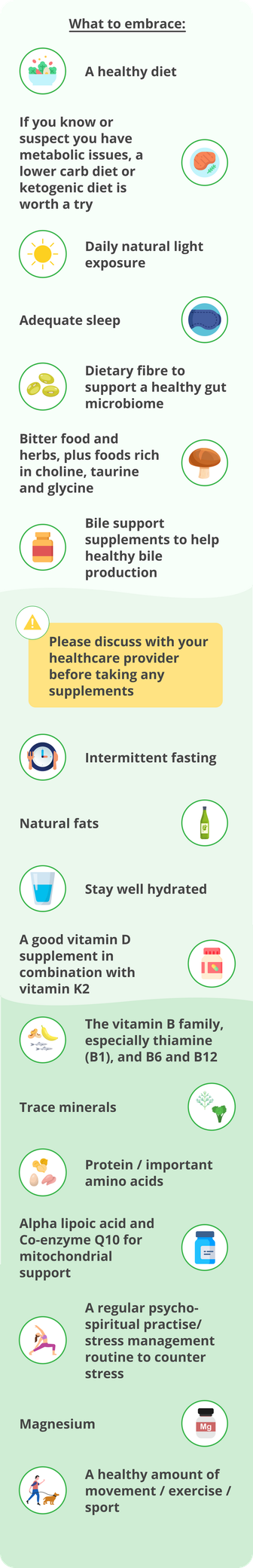 A pale green infographic titled What to embrace. 

A healthy diet, an icon of a bowl of nutrient-dense foods.

If you know or suspect you have metabolic issues, a lower carb diet or ketogenic diet is worth a try. An icon of a plate of low-carb food.

Daily natural light exposure, an icon of the sun.

Dietary fibre to support a healthy gut microbiome.

Bitter food and herbs, plus foods rich in choline, taurine and glycine. An icon of a mushroom.

Bile support supplements to help health bile production, an icon of a supplement jar.

A yellow box with a warning icon says: Please discuss with your healthcare provider before taking any supplements.

Intermittent fasting, an icon of a clock with a fork and knife beside it.

Natural fats, an icon of a bottle of olive oil.

Stay well hydrated, an icon of a glass of water.

A good vitamin D supplement in combination with vitamin K2.

The vitamin B family, especially thiamine (B1), and B6 and B12

Trace minerals.

Protein/important amino acids, icons of high protein foods.

Alpha lipoic acid and co-enzyme Q10 for mitochondrial support, an icon of a supplement jar.

A regular psycho-spiritual practice/stress management routine to counter stress, an icon of a person doing a yoga pose.

Magnesium, an icon of a supplement jar with Mg on it.

A healthy amount of movement/exercise/sport, an icon of a person walking outside with their dog.

