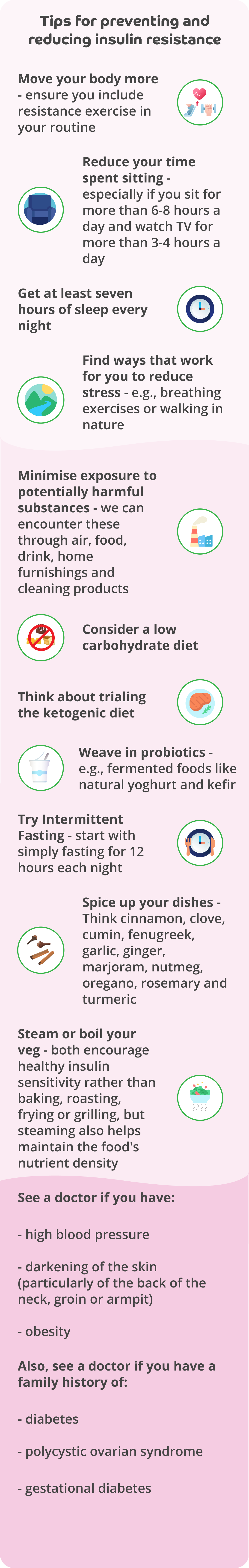 

A pale pink infographic with the title: Tips for preventing and reducing insulin resistance

The tips include: Move your body more - ensure you include resistance exercise in your routine, an icon representing exercise.

Reduce your time spent sitting - especially if you sit for more than 6-8 hours a day and watch TV for more than 3-4 hours a day. An icon of a chair.

Get at least seven hours of sleep every night, an icon of a clock.

Find ways that work for you to reduce stress, e.g. breathing exercises or walking in nature. An icon of a countryside scene.

Minimise exposure to potentially harmful substances - we can encounter these through air, food, drink, home furnishings and cleaning products, an icon of a factory with smoke emanating from a chimney.

Consider a low carbohydrate diet, an icon of high carb, refined foods with a red line through it.

Think about trialing the ketogenic diet, an icon of a plate of meat. 

Weave in probiotics, e.g. fermented foods like natural yoghurt and kefir. An icon of a tub of yoghurt.

Try Intermittent Fasting - Start with simply fasting for 12 hours each night. An icon of a clock with cutlery next to it.

Spice up your dishes, think cinnamon, clove, cumin, fenugreek, garlic, ginger, marjoram, nutmeg, oregano, rosemary, and turmeric. An icon of spices.

Steam or boil your veg - both encourage healthy insulin sensitivity rather than baking, roasting, frying or grilling, but steaming also helps maintain the food's nutrient density. An icon of a steamed bowl of veggies.

See a doctor if you have: high blood pressure; darkening of the skin (particularly of the back of the neck, groin, or armpit); obesity.

Also, see a doctor if you have a family history of: diabetes; polycystic ovarian syndrome; gestational diabetes.