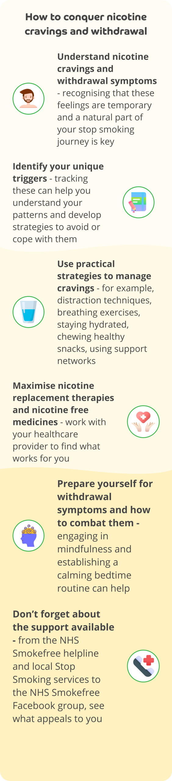 Infographic titled 'How to conquer nicotine cravings and withdrawal' covering tips: understand cravings and symptoms, identify triggers, use strategies like hydration and breathing exercises, explore nicotine replacement therapies, prepare for withdrawal with mindfulness, and seek support from NHS Smokefree services.