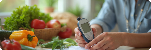 a person with diabetes monitoring glucose and healthy fruits and vegetables in the background
