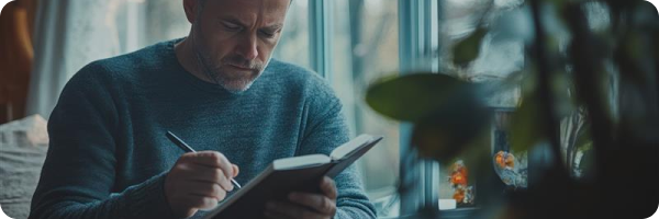 A middle aged man writing in a notebook to represent how journaling can help you understand your triggers in your journey to stop smoking. 