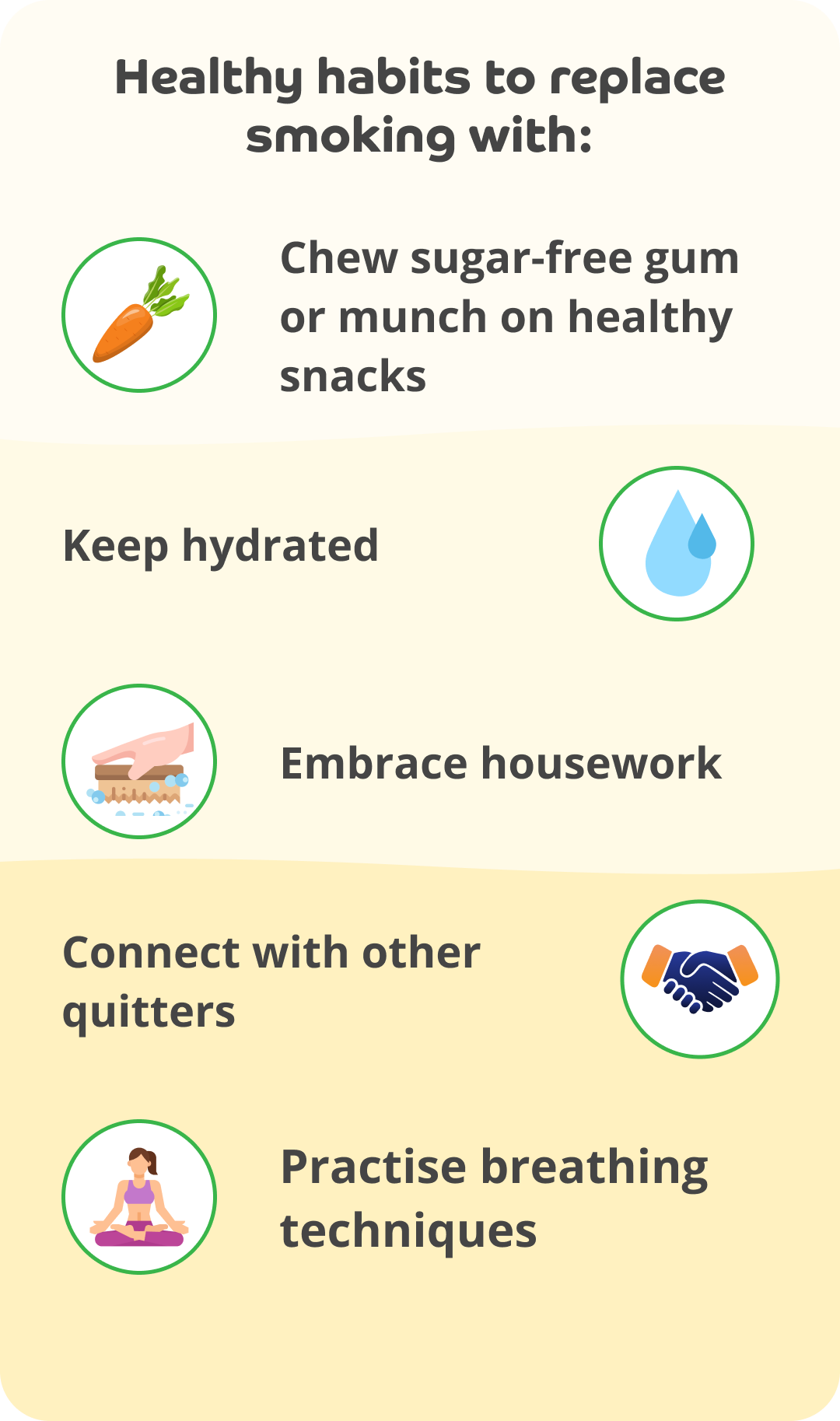 An infographic titled: 'Healthy habits to replace smoking with:' then tips such as 'Chew sugar-free gum or munch on healthy snacks', 'Keep hydrated', 'Embrace housework', 'Connect with other quitters', ' Practise breathing techniques' all next to illustrative icons.