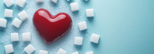 Sugar cubes surrounding a red heart to symbolise how diabetes affects heart health