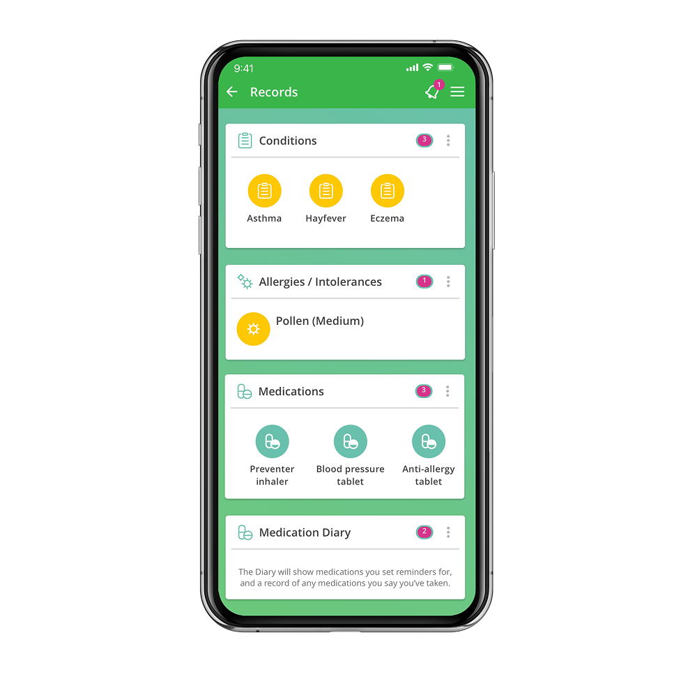 Evergreen Life Personal Health Record on a mobile screen.
